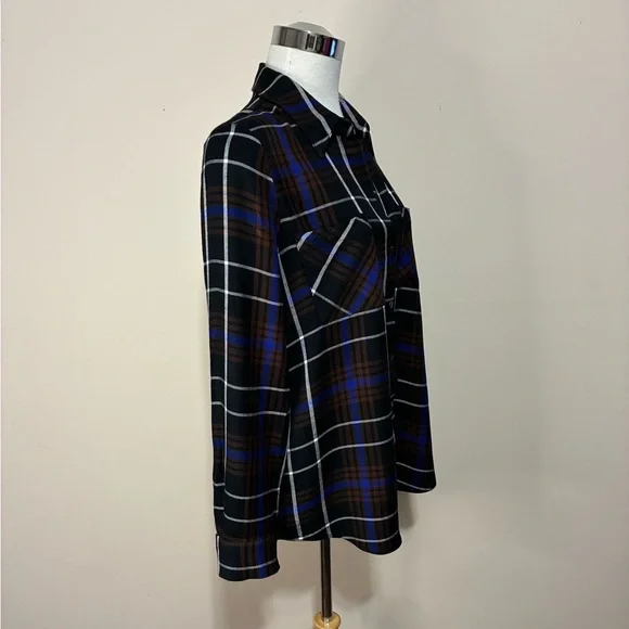 L'AGENCE Denise Plaid with Back Sheer Black Silk Contrast Shirt - Picture 3 of 6